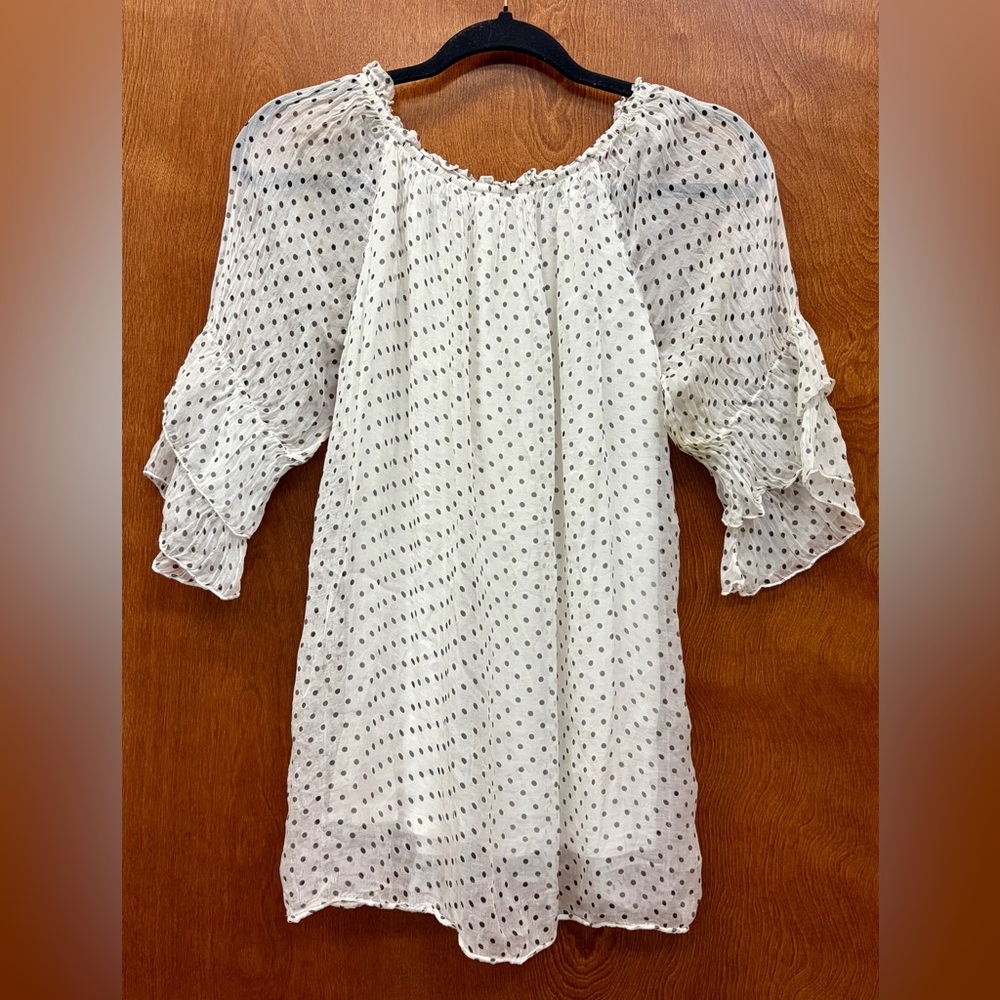 Bellambra white & black polka dots silk blouse lined puffed sleeves Size medium